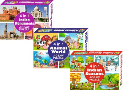 RiansCart 4-In-1 Indian Season, Indian Monuments And Animal World Jigsaw Puzzle(Pack Of 3)(360 Pieces)