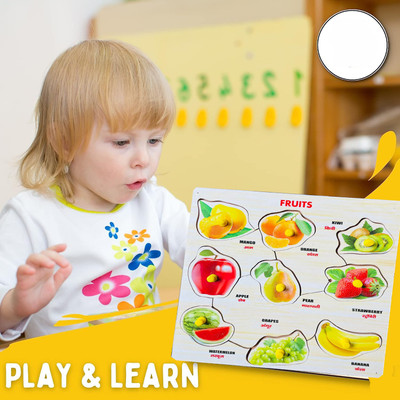 Plus Shine Wooden Peg Fruit Puzzle for Kids 9 Different Fruit Shape with Name Learning Toys(1 Pieces)