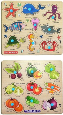 Enorme Mini Wooden Sea Animals and Vegetables Puzzle with Knobs Game For Kids(2 Pieces)