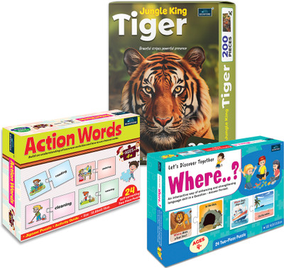 BOOKFORD Action Words + Let's Discover Together Where + Jungle King Tiger| Set of 3(296 Pieces)
