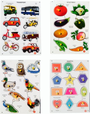 MECDOIT INTERNATIONAL Preschool Wooden Puzzle for Kids Education-Shapes,Transport,Vegetables,Birds(4 Pieces)