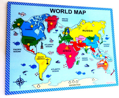 PETERS PENCE Wooden World Map Learning Puzzle Tray with Knobs for Kids Education(13 Pieces)