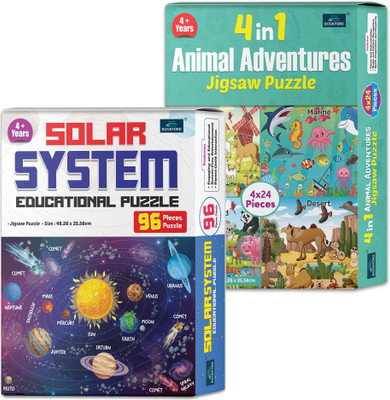 BOOKFORD 4 in 1 Animal Adventure & Solar System | Set of 2(144 Pieces)