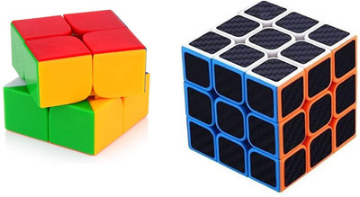 GREST Cube Combos of High Speed 2x2 & 3x3x3 Neon Carbon Fiber Black Magic Puzzle Cube(2 Pieces)