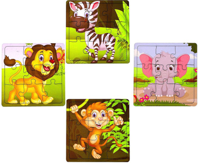 SHALAFI Montessori Set Of 4 Jigsaw Puzzle Picture Cartoon Animals Jungle Shape Puzzle(4 Pieces)