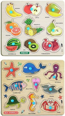 GREST Mini Wooden Sea Animals and Fruits Puzzle with Knobs, Learning Game For Kids(2 Pieces)