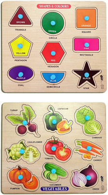GREST Mini Wooden Shape , Colors and Vegetables Puzzle with Knobs Game For Kids(2 Pieces)
