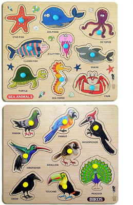 GREST Mini Wooden Sea Animals and Birds Puzzle with Knobs, Learning Game For Kids(2 Pieces)