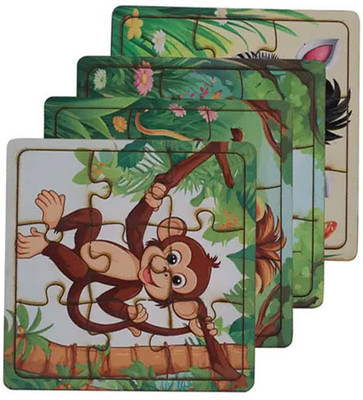 SHALAFI Animal Slat Assembly Shape Puzzle Wooden Animals Cartoon Shape in Jungle Puzzle(4 Pieces)