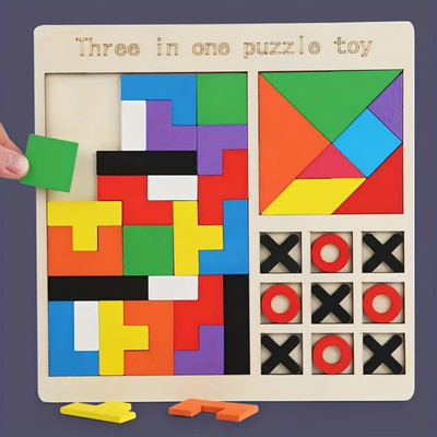 Kelexx 3-in-1 Wooden Kids Puzzle Game-Tangram, XO Tic-Tac-Toe, Nine-Square Logic(1 Pieces)