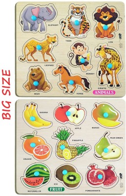 GREST Big Wooden Animals and Fruits Puzzle with Knobs, Educational and Learning Game(2 Pieces)