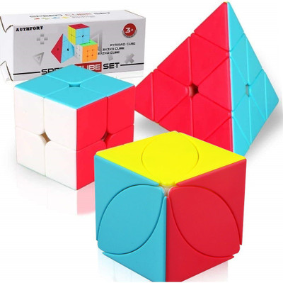 Authfort Speed Cube set of 2 x 3 x PYRAMID x leaf sticker less Cube set of 4(4 Pieces)