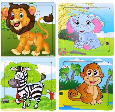 SHALAFI Wood Kids Paperless Animals Jigsaw Puzzle Animals Shape in Jungle Jigsaw Puzzle(4 Pieces)