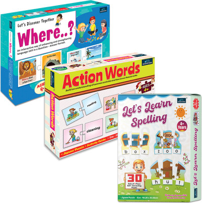 BOOKFORD Action Words + Let's Discover Together Where + Let's Learn Spelling| Set of 3(186 Pieces)