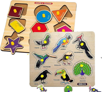 CASADOMANI Combo Wooden Birds Names Blocks+Geometric Shape Matching Puzzle Color&Shape Toy(2 Pieces)