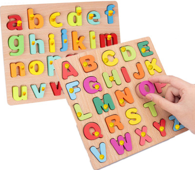Plus Shine Wooden Capital/Small Alphabet Puzzles Alphabet Number Reading Practice Board(2 Pieces)