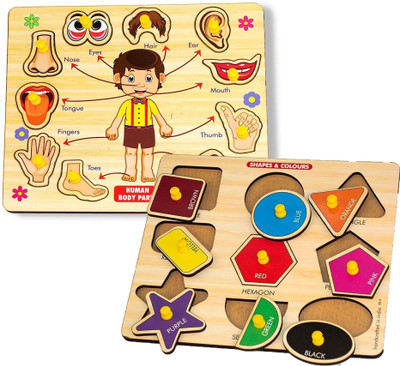 SHALAFI Combo Human Parts Of Body Name Wooden Peg Puzzle + Geometric Shape Matching Toys(2 Pieces)