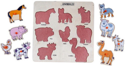 ARVANA Wooden Identification Animal Name Puzzle Tray Learning Toys with Knobs for Kids(1 Pieces)