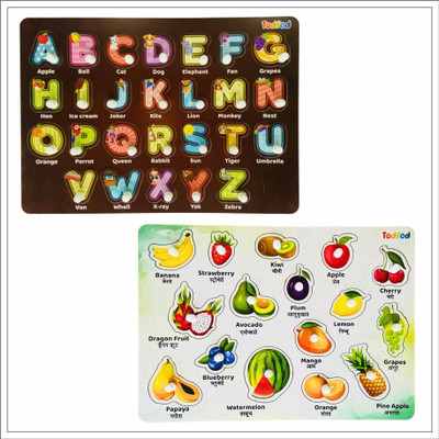 Todfod Wooden Jigsaw Puzzles= ABCD 4 in 1 & Fruit Characters For Kids(2 Pieces)