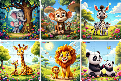Fiddlys Wooden Jigsaw Puzzle Games for Children & Kids Age 3+(Pack of 6 Wild Animal)(9 Pieces)