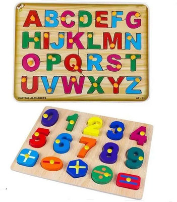 Cyrus Pack Of 2 English Upper Case Puzzle Board Toys + Wooden Number Shape Puzzles(Multicolor)