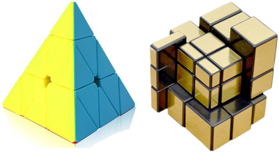 Authfort Cube Combo of Stickered Gold Mirror & 3 x 3 Pyramid High Speed Stickerless Magic Puzzle Cube combo ( pack of 2 puzzle )(2 Pieces)