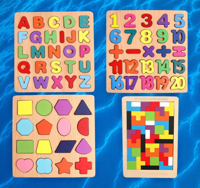 VHD Wooden Puzzle Set – Alphabets, Numbers, Shapes & Block Game for Kids C36(4 Pieces)