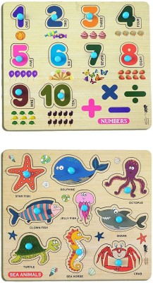 Enorme Mini Wooden Numbers and Sea Animals Puzzle with Knobs Game For Kids(2 Pieces)