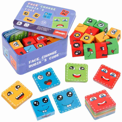 Gezeno Emoji Cube Face Matching Rubik Cube Game Wooden Toy With 16 Cubes 72 Cards(16 Pieces)
