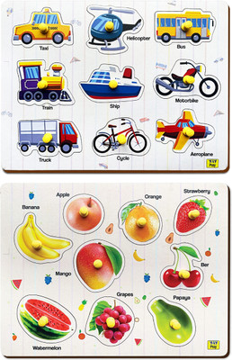 YaY Play Fruits and Transport Vehicle Shape Pegboard Wooden Puzzles Pack of 2(2 Pieces)