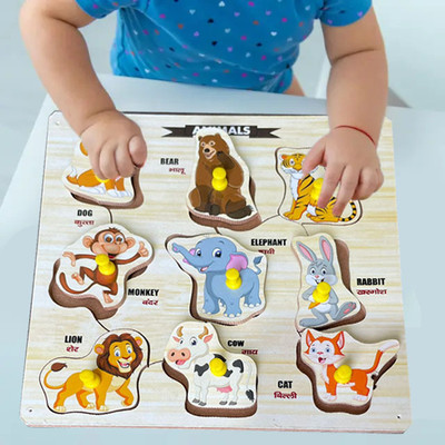 Shreevi Wooden Animal Stacking Toy Animals Name Matching Board Learning Shape Toys(Multicolor)