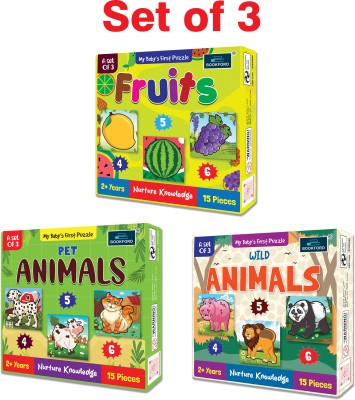 BOOKFORD My Baby'S First Fruits&Petanimals&Wildanimals Puzzle Game&Learning( Set of 3)(45 Pieces)