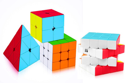 Toy Arena MoYu MFJS 2x2 3x3 4X4 Pyramid High Speed Stickerless Magic Puzzle Cube Toy ,(4 Pieces)