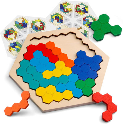 Dwiti Enterprise Hexagonal Wooden Tetris Brain Teaser Puzzle Learning Toy for Kids(14 Pieces)