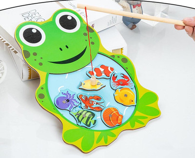 SHALAFI Wooden Fishing Jigsaw Green Frog Shape Puzzle Fishing Catching Board(1 Pieces)