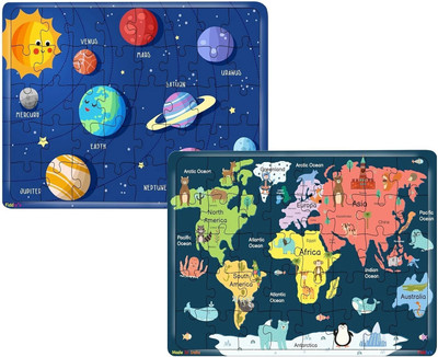Fiddlys 40 Pcs Wooden Jigsaw Puzzle Toy for Children (World Map & Solar System)(2 Pieces)