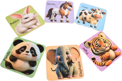 FUNTEEN Animal wooden puzzle with name toy / game for Kids Age 2 & Above (set of 6)(24 Pieces)