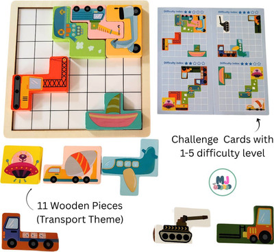 MaJolies Wooden Tetris Set - Vehicles | Logic Puzzle Game | Brain Teaser(24 Pieces)