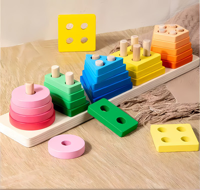 dishvy Learning Shape Sorting Puzzle Toy with Colorful Wooden Blocks of Mix Size(1 Pieces)