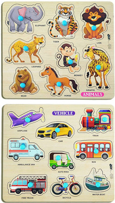 GREST Mini Wooden Animals and Vehicles Puzzle with Knobs,Educational and Learning Game(2 Pieces)