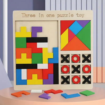 Bloombec 3-in-1 Wooden Educational Puzzle Board, Tangram, Building Blocks and Tic-Tac-Toe(43 Pieces)