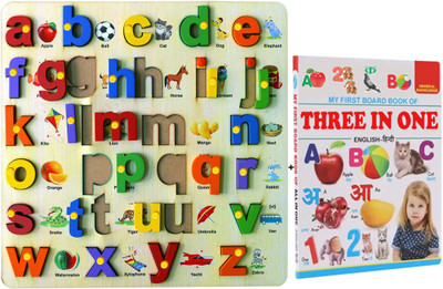SHALAFI Wooden Learning Board 3D Small Alphabets Letter Colorful a-z Puzzle Tray+Book(1 Pieces)