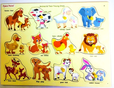 PETERS PENCE Wooden Multi-Color 12 SET OF ANIMAL PUZZLE LEARNING BOARD WITH YOUNG ONES(12 Pieces)