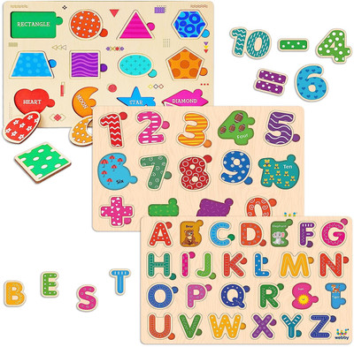Webby Wooden Educational Colorful Alphabets, Numbers and Shapes Puzzle - Set of 3(52 Pieces)