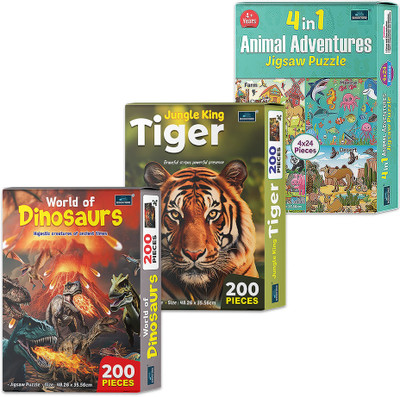 BOOKFORD 4 in 1 Animals Adventures + Jungle King Tiger + World of Dinosaurs| Set of 3(496 Pieces)
