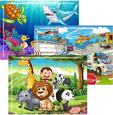 Fiddlys Wooden Jigsaw Puzzles for Kids & Children Age 6+ Animal & Sea World (Pack of 3)(54 Pieces)