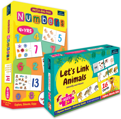 BOOKFORD Exciting Combo Set of 2 Jigsaw Puzzle-Let's link animals & Match & Pair Numbers(64 Pieces)