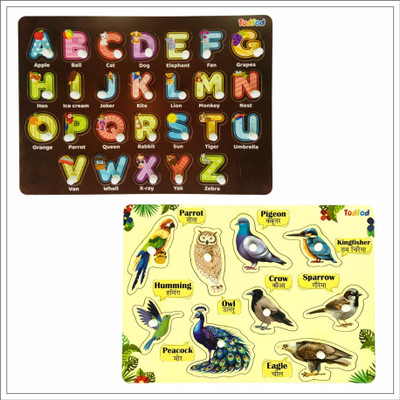 Todfod Wooden Jigsaw Puzzles ABCD 4 in 1 & Birds Characters For Kids(1 Pieces)