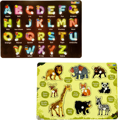 Todfod Wooden Jigsaw Puzzles ABCD 4 in 1 & Wild Animal Characters For Kids(1 Pieces)