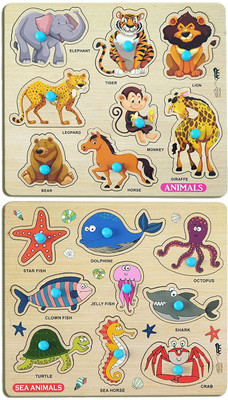 GREST Mini Wooden Sea Animals and Land Animals Puzzle with Knobs Game For Kids(2 Pieces)